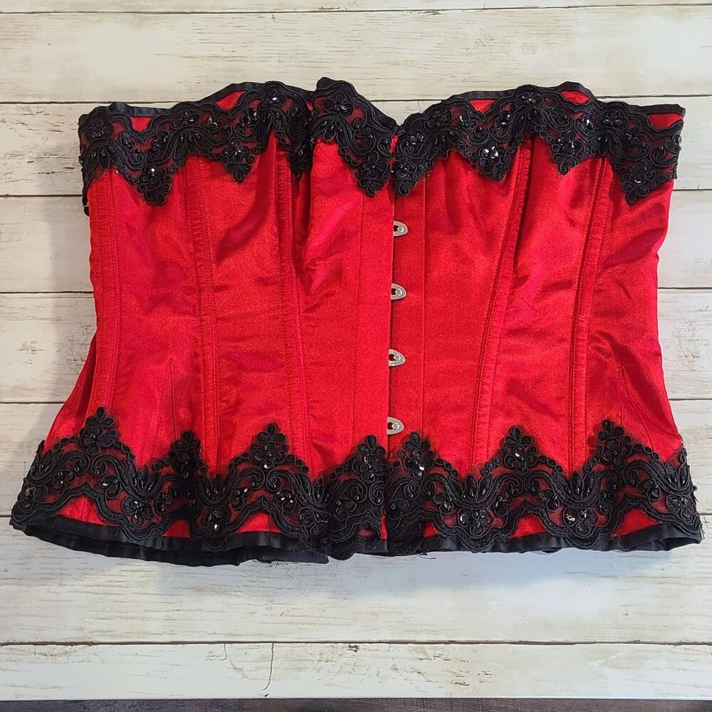 Fox & Royal Rococo Embroidered Beaded Strapless Corset Red Coquette Burlesque 38